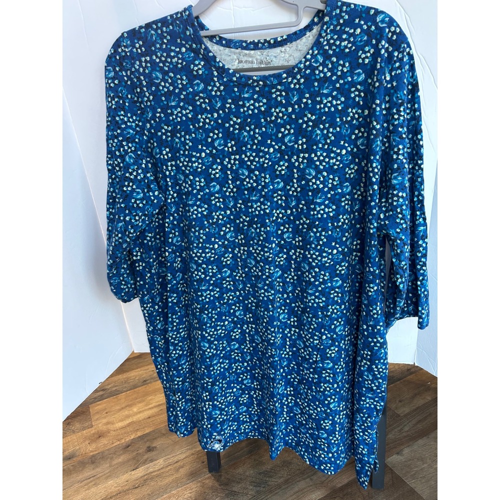 Woman‎ Within Tunic Top Womens 14/16 Blue Excellent Floral 3/4 Sleeve Knit